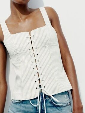 Zara Corset Top XXL White Pinstripe Lace Up Front Zip Back Coquette